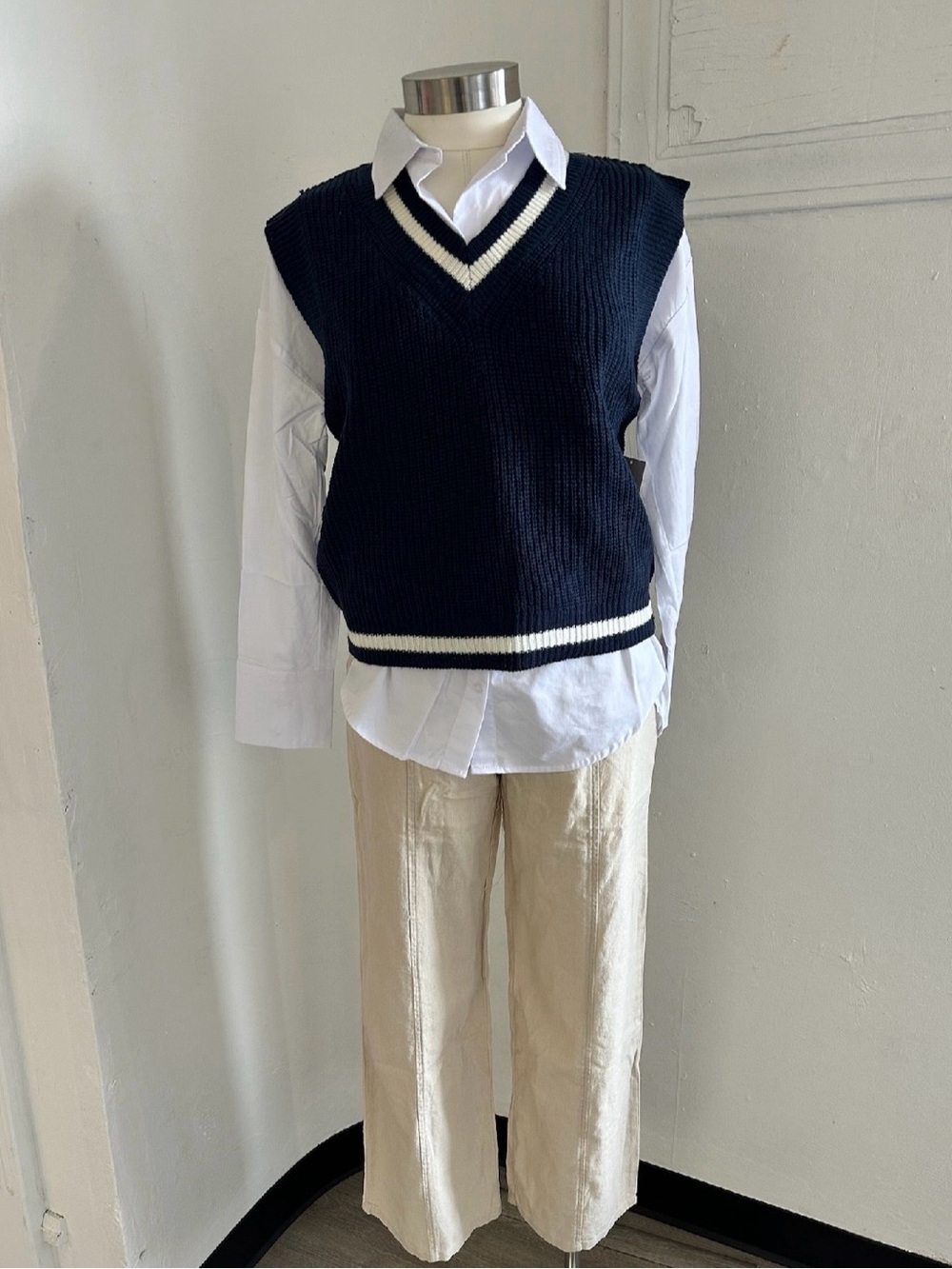 Ambiance Navy V-Neck Sweater Vest with White Trim